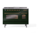 ILVE Nostalgie II 48-Inch Natural Gas Dual Fuel Range with 5 Burners, Griddle, & French Top with Triple Glass Door Oven in Emerald Green with Brass Trim (UP48FSNMPEGG)