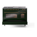 ILVE Nostalgie II 48-Inch Natural Gas Dual Fuel Range with 5 Burners, Griddle, & French Top with Triple Glass Door Oven in Emerald Green with Brass Trim (UP48FSNMPEGG)