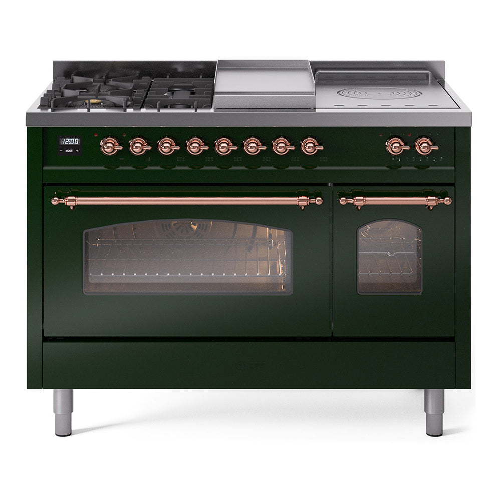 Emerald green dual fuel range with burner grates, griddle, and glass oven windows