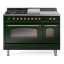 ILVE Nostalgie II 48-Inch Dual Fuel Range with 5 Burners, Griddle, & French Top with Triple Glass Door Oven in Emerald Green with Copper Trim (UP48FSNMPEGP)