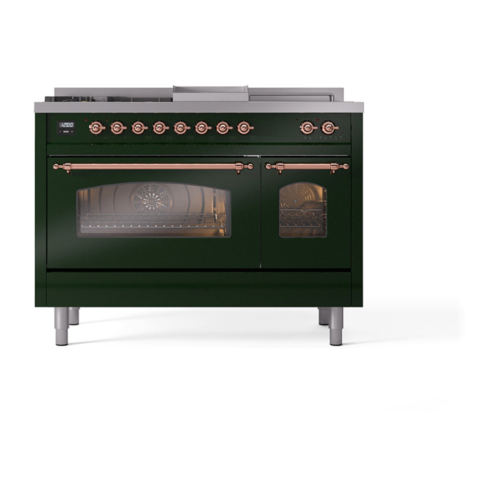 Emerald green dual fuel range with closed oven doors and copper-trim control panel