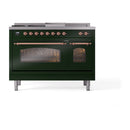 ILVE Nostalgie II 48-Inch Natural Gas Dual Fuel Range with 5 Burners, Griddle, & French Top with Triple Glass Door Oven in Emerald Green with Copper Trim (UP48FSNMPEGP)