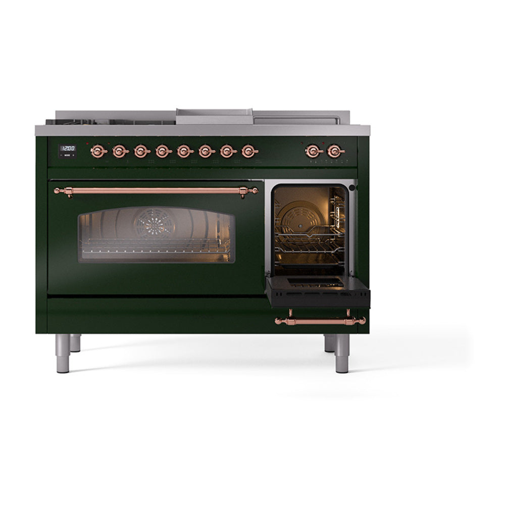 Emerald green dual fuel gas range with open oven door and copper control knobs