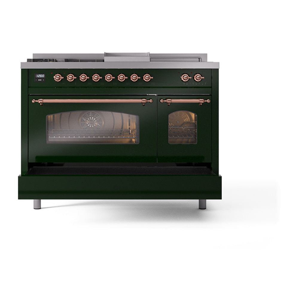 Emerald green dual fuel gas range with closed ovens and copper burner control knobs
