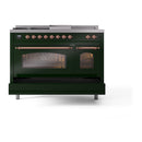 ILVE Nostalgie II 48-Inch Natural Gas Dual Fuel Range with 5 Burners, Griddle, & French Top with Triple Glass Door Oven in Emerald Green with Copper Trim (UP48FSNMPEGP)