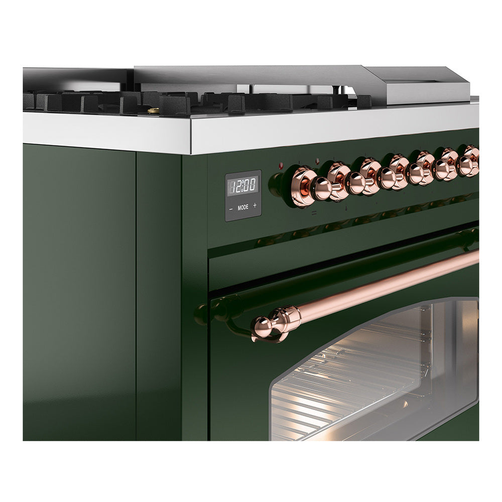 Emerald green range control panel with copper knobs and digital display
