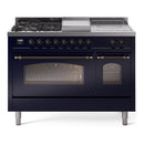 ILVE Nostalgie II 48-Inch Propane Gas Dual Fuel Range with 5 Burners, Griddle, & French Top with Triple Glass Door Oven in Midnight Blue with Bronze Trim (UP48FSNMPMBBLP)