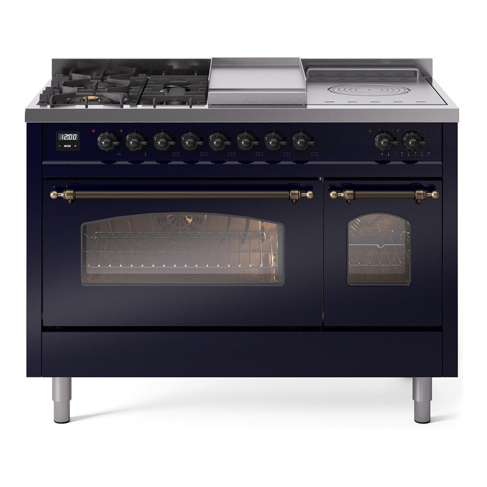 Midnight blue dual-fuel range with five burners, griddle, and triple-glass oven doors
