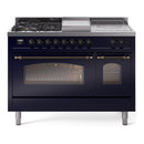 ILVE Nostalgie II 48-Inch Natural Gas Dual Fuel Range with 5 Burners, Griddle, & French Top with Triple Glass Door Oven in Midnight Blue with Bronze Trim (UP48FSNMPMBB)