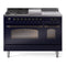 ILVE Nostalgie II 48-Inch Natural Gas Dual Fuel Range with 5 Burners, Griddle, & French Top with Triple Glass Door Oven in Midnight Blue with Bronze Trim (UP48FSNMPMBB)