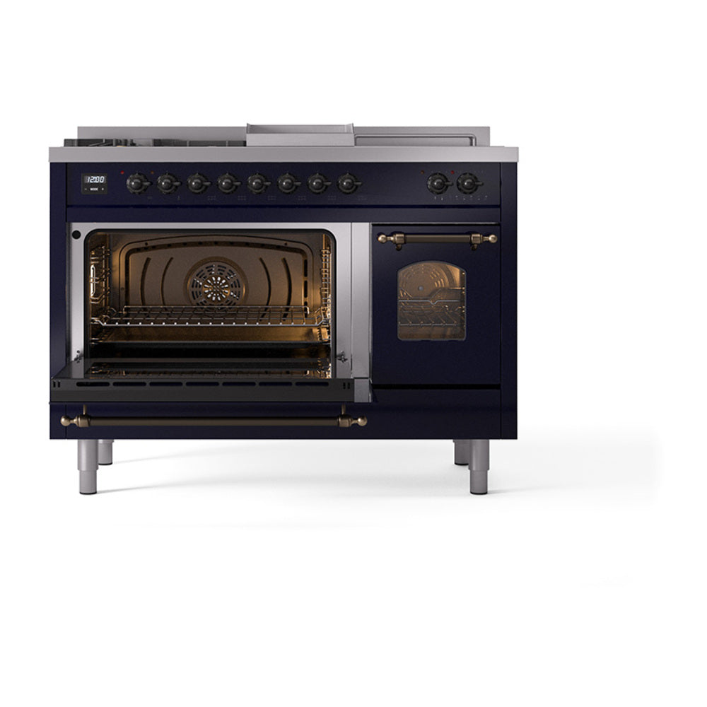 Midnight blue dual fuel range with left oven door open showing interior racks