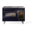 ILVE Nostalgie II 48-Inch Propane Gas Dual Fuel Range with 5 Burners, Griddle, & French Top with Triple Glass Door Oven in Midnight Blue with Bronze Trim (UP48FSNMPMBBLP)