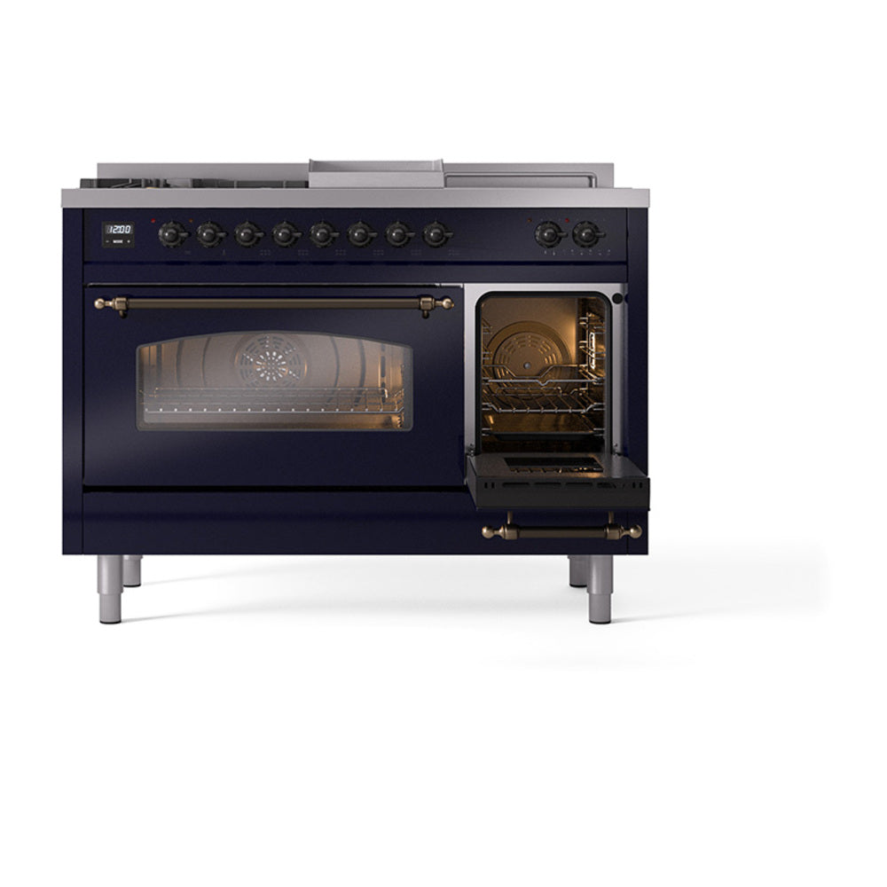Midnight blue range with open right oven and left oven showing interior racks