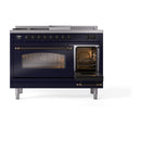 ILVE Nostalgie II 48-Inch Natural Gas Dual Fuel Range with 5 Burners, Griddle, & French Top with Triple Glass Door Oven in Midnight Blue with Bronze Trim (UP48FSNMPMBB)