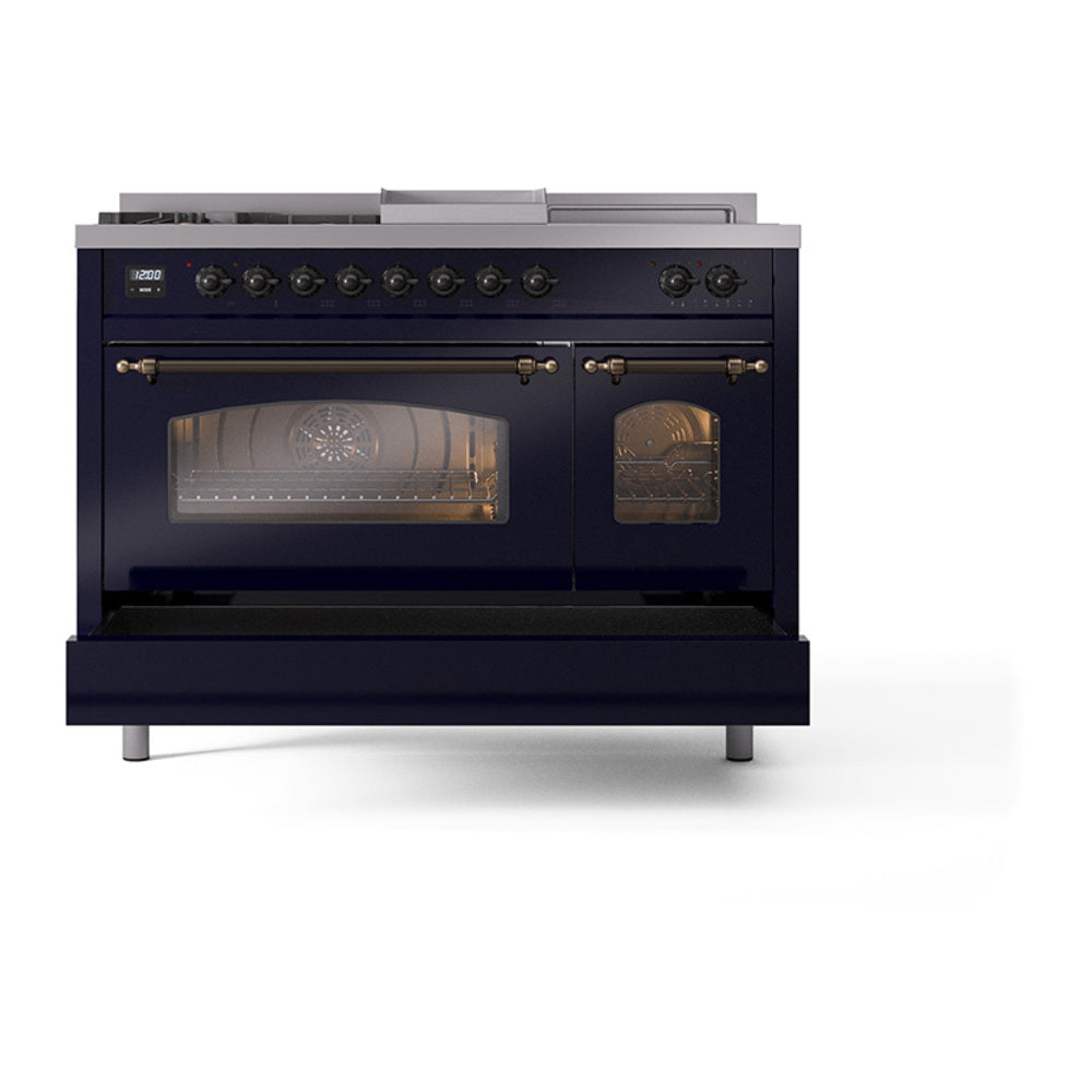 Midnight blue dual fuel gas range with bronze knobs and closed glass door ovens