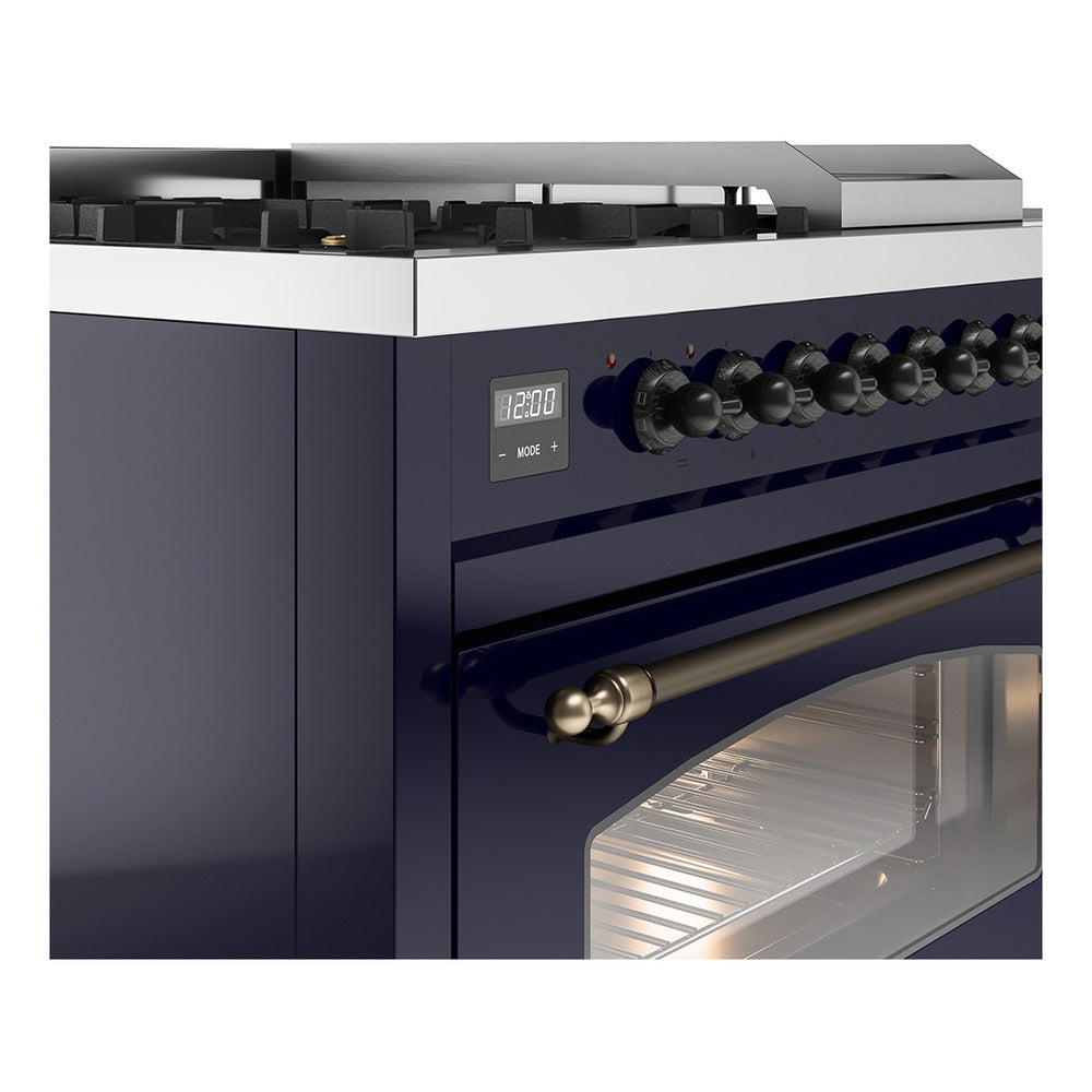 Dual fuel gas range side view with control display and burner knobs