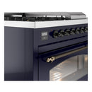 ILVE Nostalgie II 48-Inch Propane Gas Dual Fuel Range with 5 Burners, Griddle, & French Top with Triple Glass Door Oven in Midnight Blue with Bronze Trim (UP48FSNMPMBBLP)