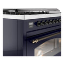 ILVE Nostalgie II 48-Inch Natural Gas Dual Fuel Range with 5 Burners, Griddle, & French Top with Triple Glass Door Oven in Midnight Blue with Bronze Trim (UP48FSNMPMBB)