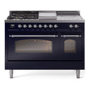 ILVE Nostalgie II 48-Inch Propane Gas Dual Fuel Range with 5 Burners, Griddle, & French Top with Triple Glass Door Oven in Midnight Blue with Chrome Trim (UP48FSNMPMBCLP)