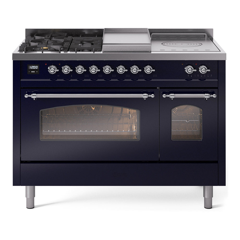 Midnight blue dual fuel range with chrome knobs, burners, and triple-glass oven doors.