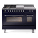 ILVE Nostalgie II 48-Inch Natural Gas Dual Fuel Range with 5 Burners, Griddle, & French Top with Triple Glass Door Oven in Midnight Blue with Chrome Trim (UP48FSNMPMBC)