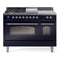 ILVE Nostalgie II 48-Inch Natural Gas Dual Fuel Range with 5 Burners, Griddle, & French Top with Triple Glass Door Oven in Midnight Blue with Chrome Trim (UP48FSNMPMBC)