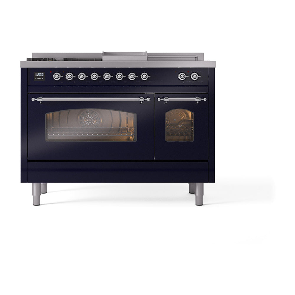 Midnight blue dual fuel range front with chrome control panel and dual glass oven doors.