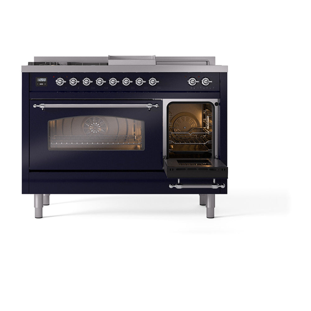 Midnight blue dual-fuel gas range with both oven doors open and interior rack visible