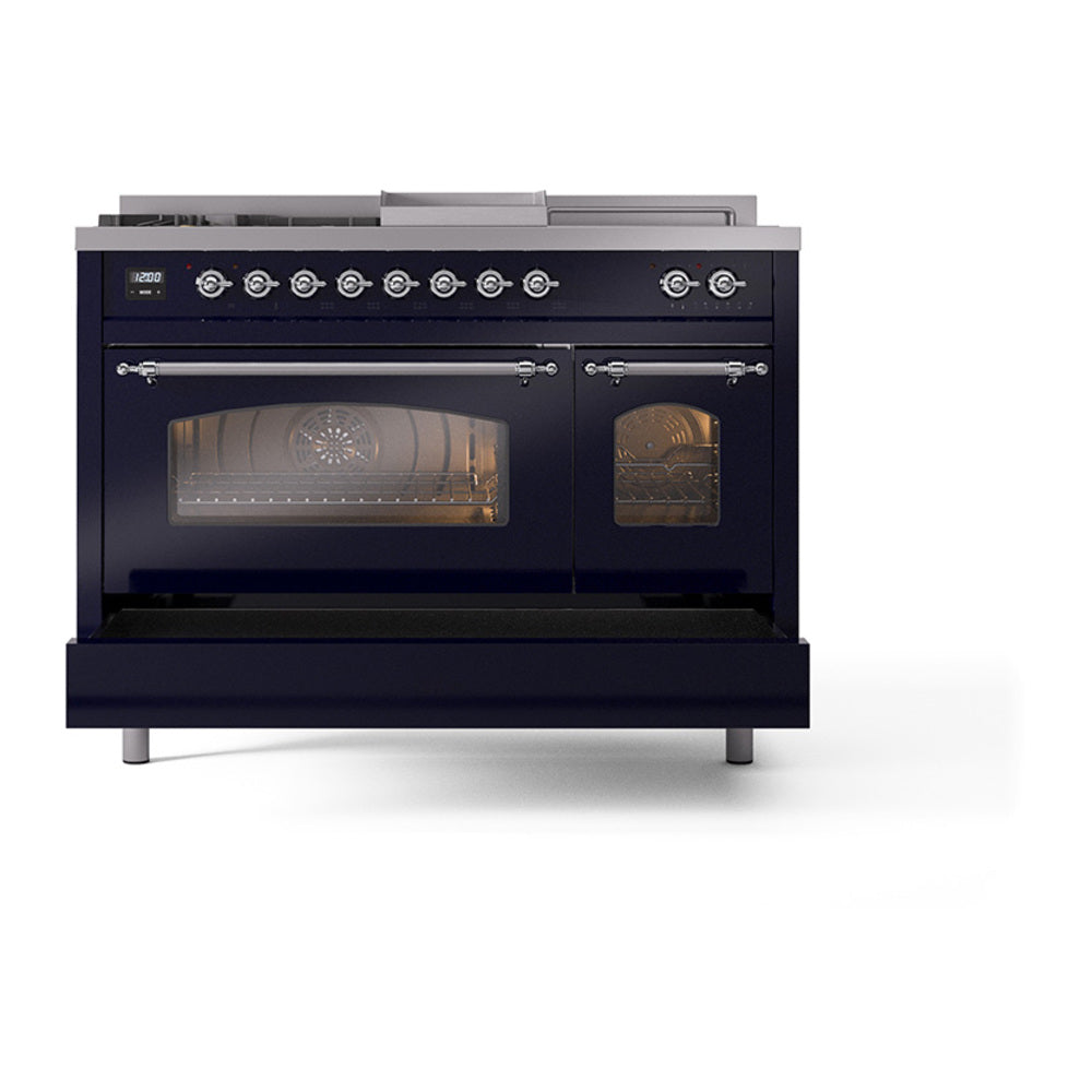 Midnight blue dual-fuel gas range with oven doors closed and triple glass fronts