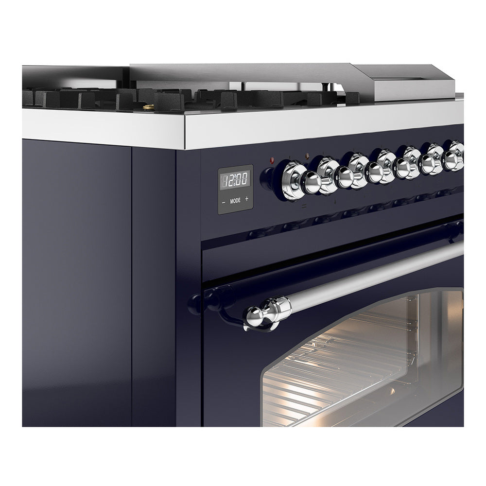 Midnight blue gas range control knobs with chrome trim and oven door glass