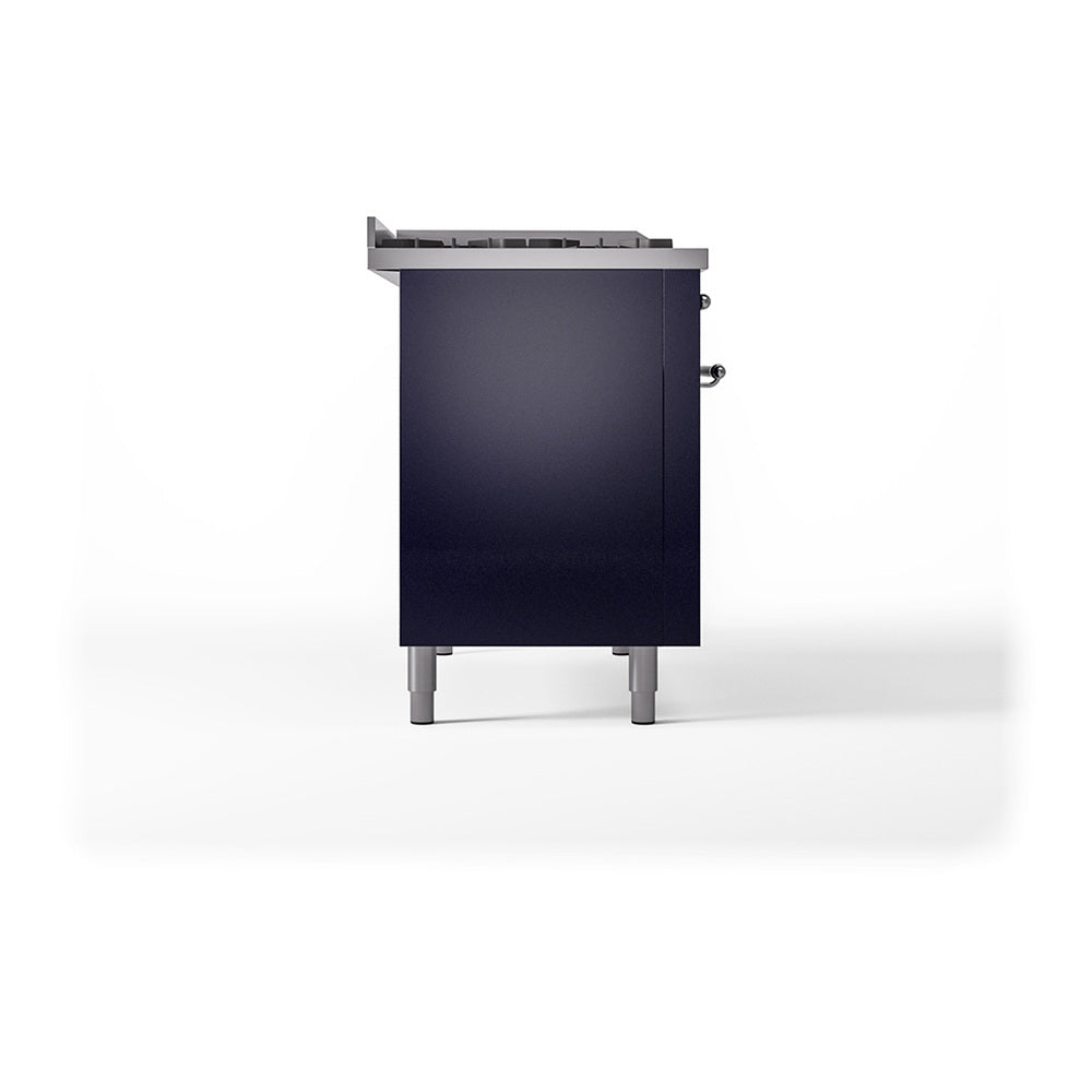 Midnight blue dual-fuel range back panel with side ports and legs
