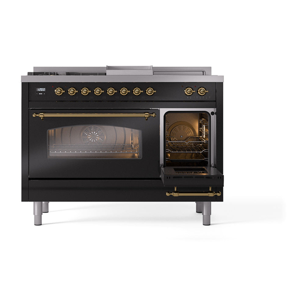 Midnight blue dual fuel range with oven doors open and interior light on