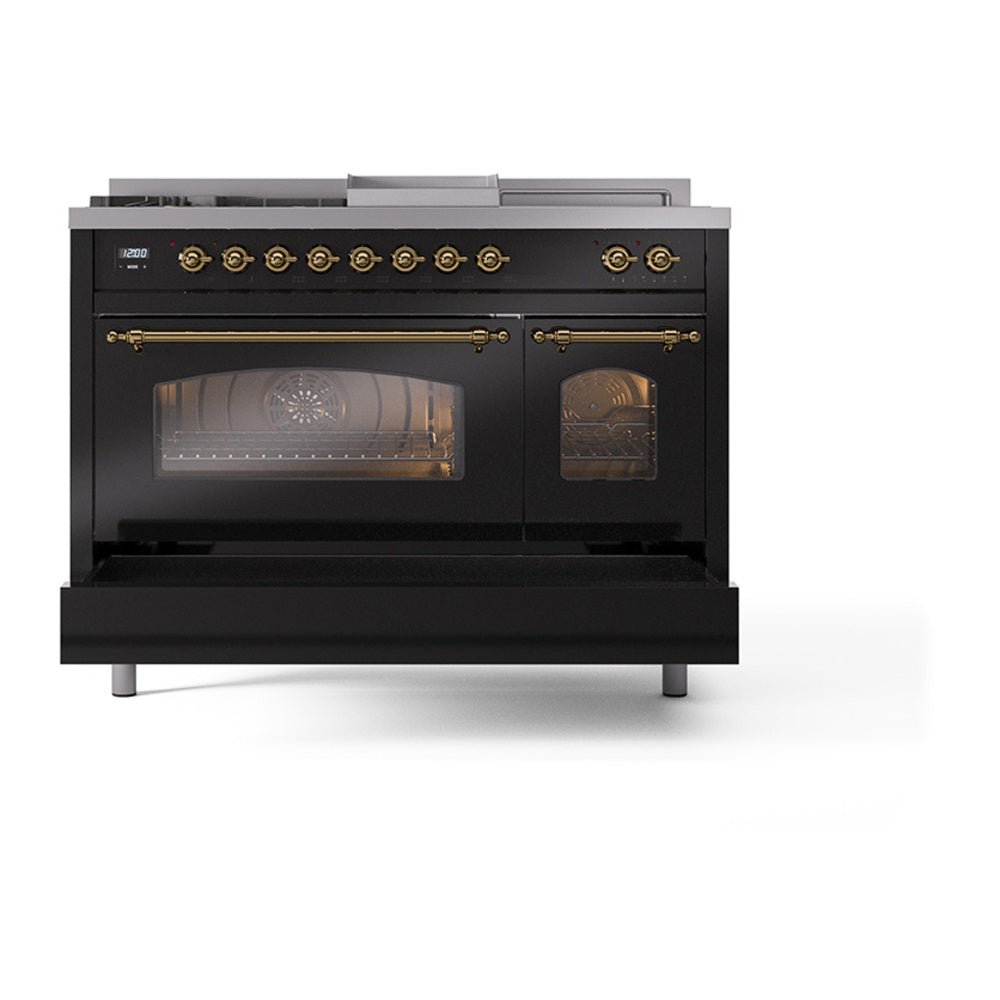 Midnight blue dual-fuel range with brass trim, glass-door oven, and decorative handles