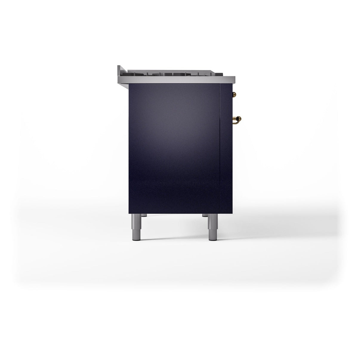Side view of midnight blue dual fuel range with legs and stainless top