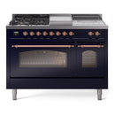 ILVE Nostalgie II 48-Inch Natural Gas Dual Fuel Range with 5 Burners, Griddle, & French Top with Triple Glass Door Oven in Midnight Blue with Copper Trim (UP48FSNMPMBP)