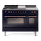 ILVE Nostalgie II 48-Inch Natural Gas Dual Fuel Range with 5 Burners, Griddle, & French Top with Triple Glass Door Oven in Midnight Blue with Copper Trim (UP48FSNMPMBP)
