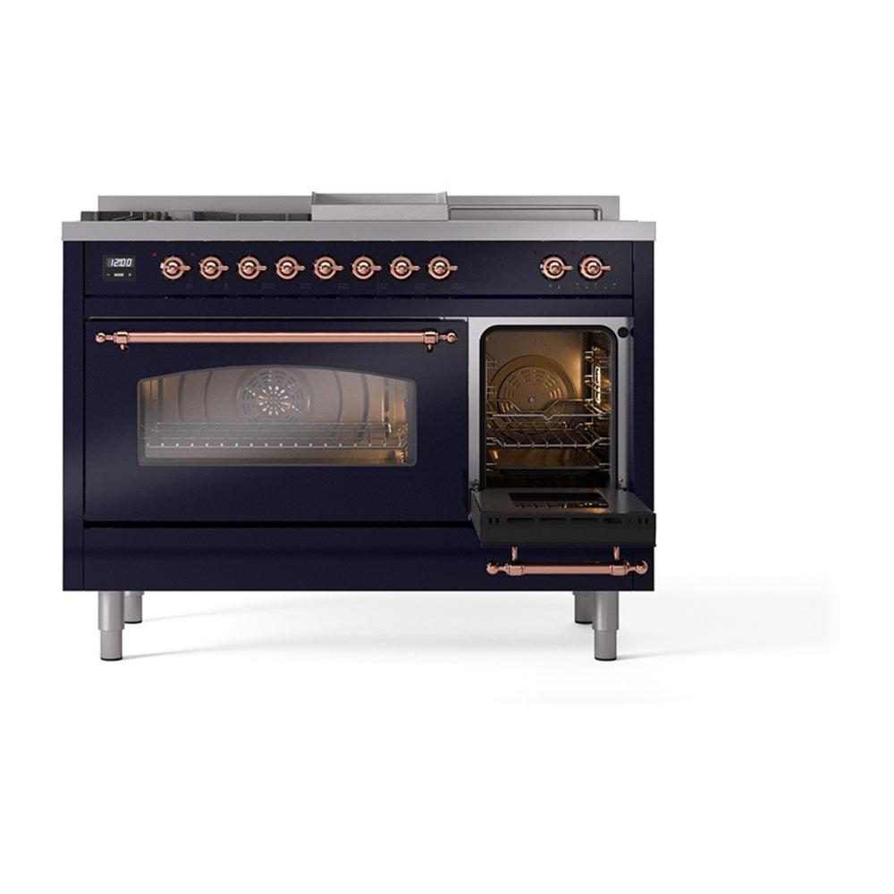 Midnight blue dual fuel range with glass oven door and side oven compartment