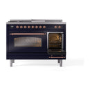 ILVE Nostalgie II 48-Inch Propane Gas Dual Fuel Range with 5 Burners, Griddle, & French Top with Triple Glass Door Oven in Midnight Blue with Copper Trim (UP48FSNMPMBPLP)