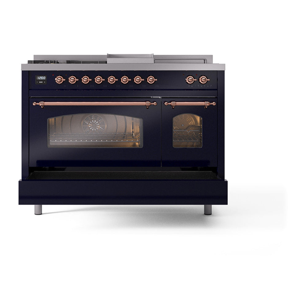 Midnight blue dual fuel range with copper-trimmed oven doors and viewing glass windows