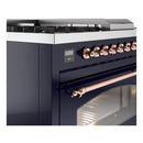 ILVE Nostalgie II 48-Inch Natural Gas Dual Fuel Range with 5 Burners, Griddle, & French Top with Triple Glass Door Oven in Midnight Blue with Copper Trim (UP48FSNMPMBP)