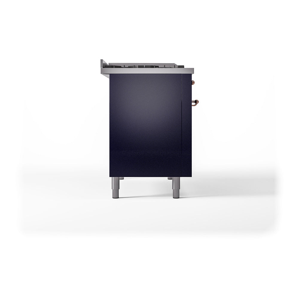 Midnight blue dual fuel range side view with copper fittings and four legs
