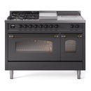 ILVE Nostalgie II 48-Inch Natural Gas Dual Fuel Range with 5 Burners, Griddle, & French Top with Triple Glass Door Oven in Matte Graphite with Bronze Trim (UP48FSNMPMGB)