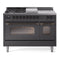 ILVE Nostalgie II 48-Inch Natural Gas Dual Fuel Range with 5 Burners, Griddle, & French Top with Triple Glass Door Oven in Matte Graphite with Bronze Trim (UP48FSNMPMGB)