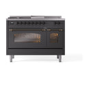 ILVE Nostalgie II 48-Inch Propane Gas Dual Fuel Range with 5 Burners, Griddle, & French Top with Triple Glass Door Oven in Matte Graphite with Bronze Trim (UP48FSNMPMGBLP)