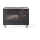 ILVE Nostalgie II 48-Inch Natural Gas Dual Fuel Range with 5 Burners, Griddle, & French Top with Triple Glass Door Oven in Matte Graphite with Bronze Trim (UP48FSNMPMGB)