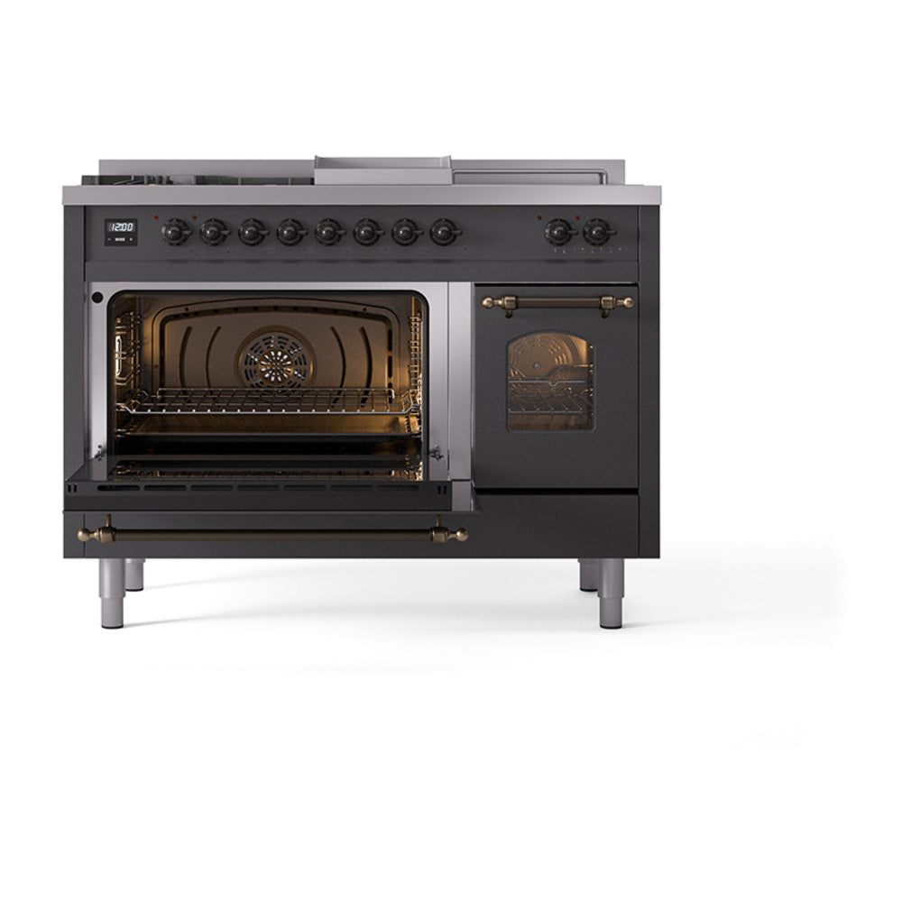 Matte graphite dual fuel range with bronze trim, oven doors open showing interior rack and bake chamber