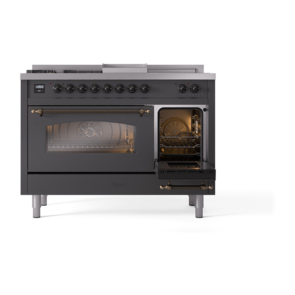 Matte graphite dual fuel range with left oven open and right oven door swung open