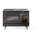 ILVE Nostalgie II 48-Inch Natural Gas Dual Fuel Range with 5 Burners, Griddle, & French Top with Triple Glass Door Oven in Matte Graphite with Bronze Trim (UP48FSNMPMGB)