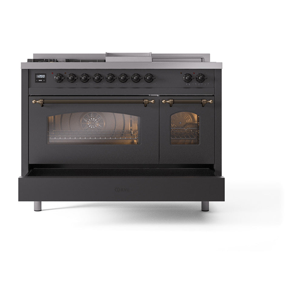 Matte graphite range with bronze trim, front view, oven doors closed with triple glass windows