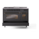 ILVE Nostalgie II 48-Inch Natural Gas Dual Fuel Range with 5 Burners, Griddle, & French Top with Triple Glass Door Oven in Matte Graphite with Bronze Trim (UP48FSNMPMGB)